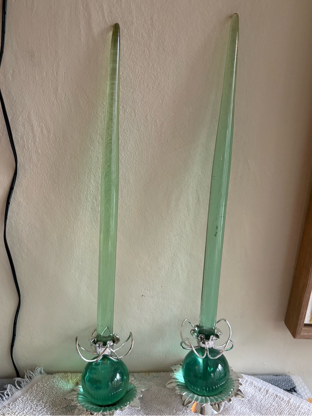 Vintage Mid-Century Emerald Green Lucite Taper Candles/Holders Set